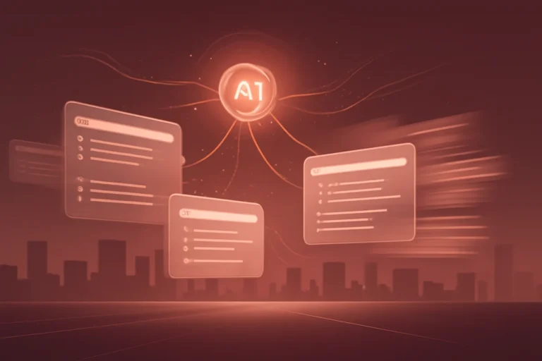 Illustratie van wisselende zoekresultaten en een AI-orb boven een digitale skyline, symbool voor volatiele rankings en contentstrategie.