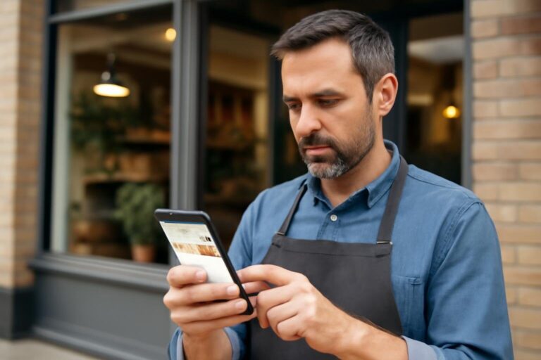 Ondernemer bekijkt zijn Google bedrijfsprofiel op een smartphone voor zijn winkel