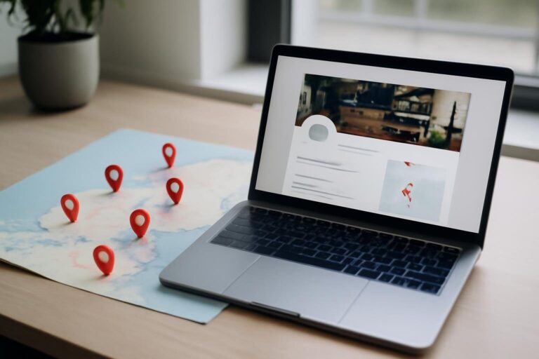 Kaart met meerdere vestigingen en een laptop met een bedrijfsprofiel