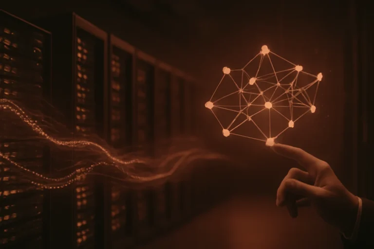 Abstracte illustratie van AI-servers met menselijke hand die digitale netwerken bestuurt, symbool voor sturing bij AI-modellen