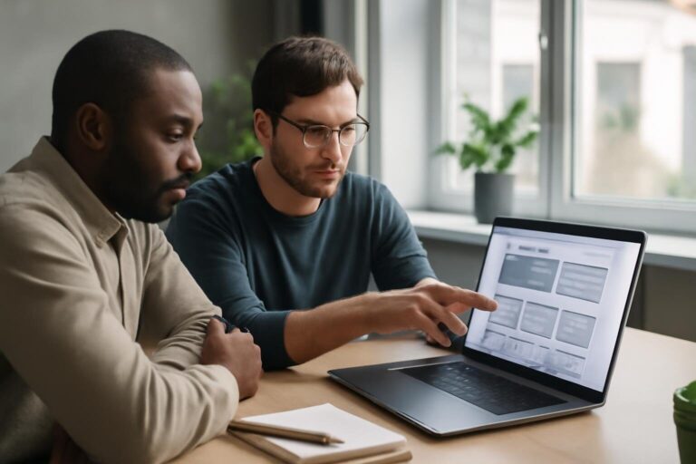 Ondernemer en webdesigner bespreken het ontwerp van een nieuwe website op een laptop