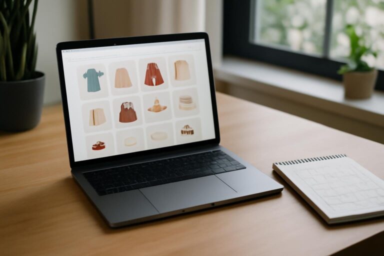 Laptop met een WooCommerce-categoriepagina en schetsen van de sitestructuur